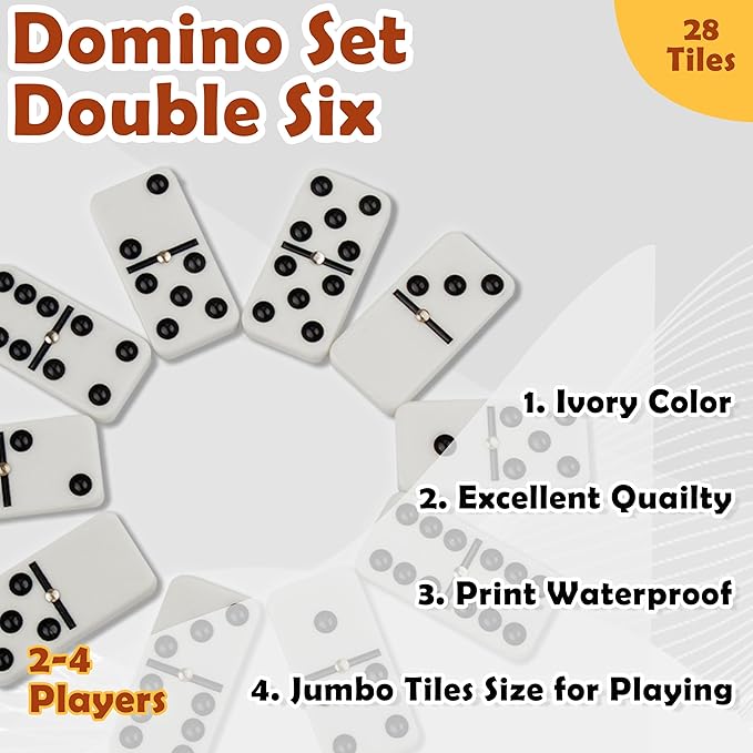 Smilejoy Dominoes Set for Adults, Domino Set for Classic Board Games,Double 6 Domino Game Set 28 Pieces with Wood Case (2 Players)