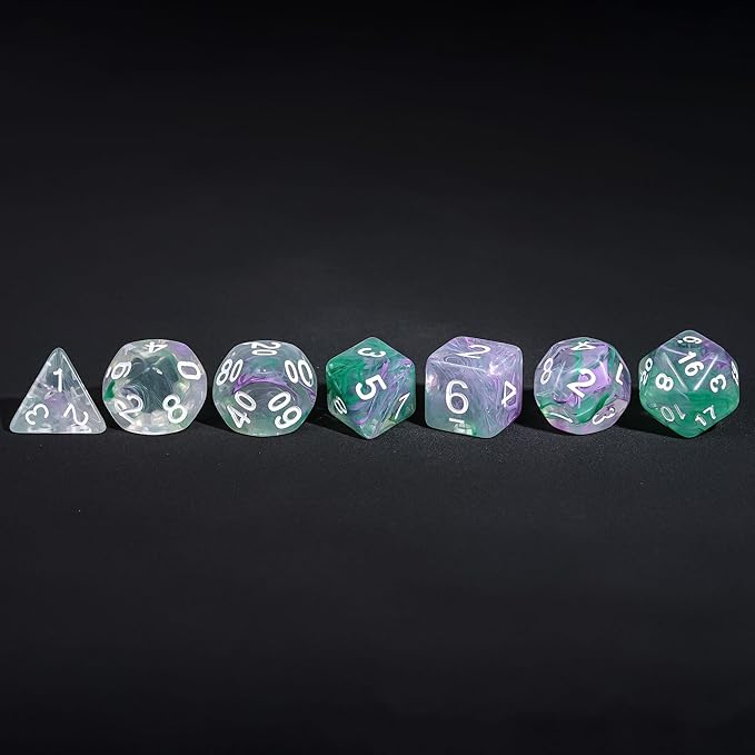 7-Die DND Dice Set Polyhedral Dice Set with a Leather Dice Bag, D&D Dice Set for Dungeons and Dragons, RPG Table Games (Transparent Green Mix Purple)