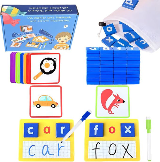 Wooden CVC Word Spelling Games, Preschool Kindergarten Learning Activities, Montessori Educational Toys for 3 4 5 6 Year Old Kids, Sight Words Flash Cards Writing Reading Letters Toy for Toddlers