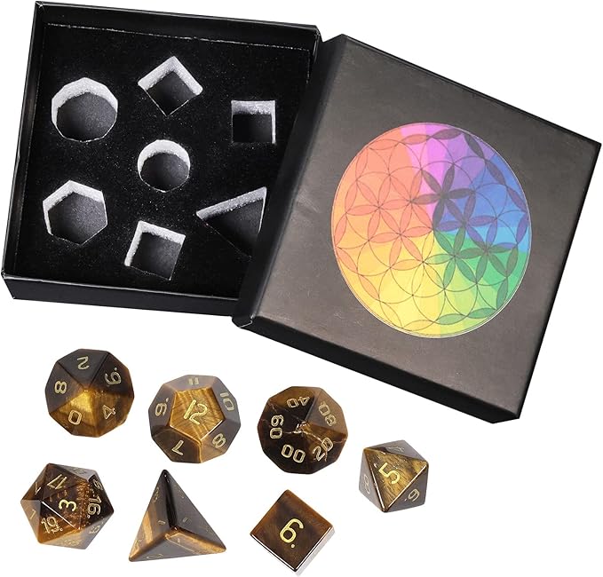TUMBEELLUWA Engraved Crystal Stone Polyhedral Dice Set for RPG MTG Dungeons and Dragons Table Game 7 Pieces DND Board Game Dices with Pouch, Tiger’s Eye