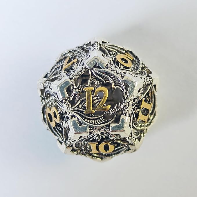 Hollow Dragon Metal Dice,Unique Dungeons and Dragons Polyhedral Dice Set for D&D TRPG,MTG,Pathfinder,Table Board Roll Playing Games D4 D6 D8 D10 D% D12 D20 (Silver)