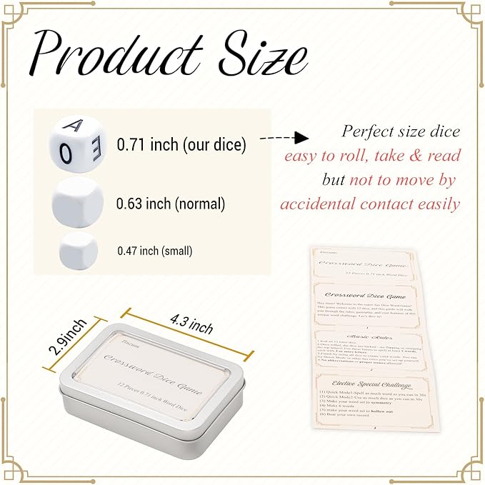 12 Pcs The Crossword Solitaire Game in White with Tin Box & Velvet Bag, Large Spelling Letter Dice Game for Adults, Travel & Game Night