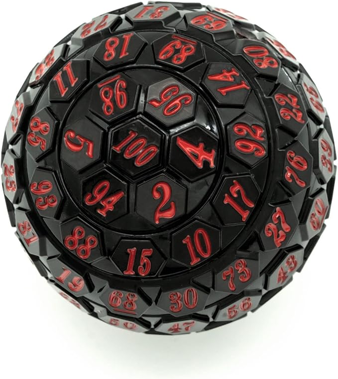 100 Sided Polyhedral Dice, Single D100 Game Dice, 100 Sided Cube with Black Pouch, D100 die 48 mm (Black with Red Number)
