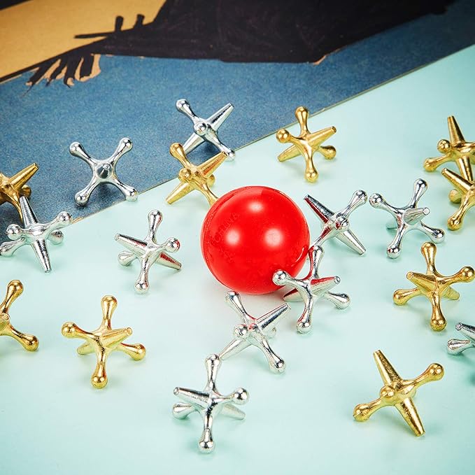 4 Set Vintage Metal Jacks and Ball Toys Kit Retro Jax Game Classic Board Games Include 40 Pieces Metal Jacks and 4 Pieces Red Rubber Balls with Bag for Kids Adults Family Holiday Party Favor