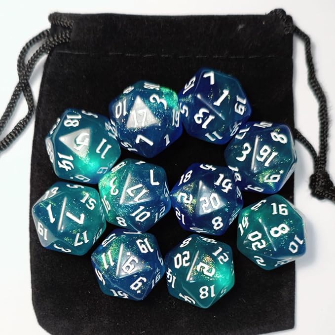 10PCs D20 Polyhedral Dice Set 22mm for DND RPG MTG Dungeons and Dragons Dice (Blue + Cyan)