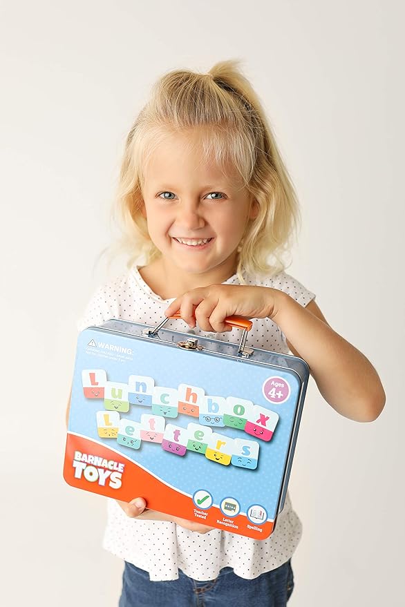 Barnacle Toys Lunchbox Letter Tiles & Games for Kids Ages 4-8, 80 Magnetic Letters, 20 Literacy Games, Spelling Board