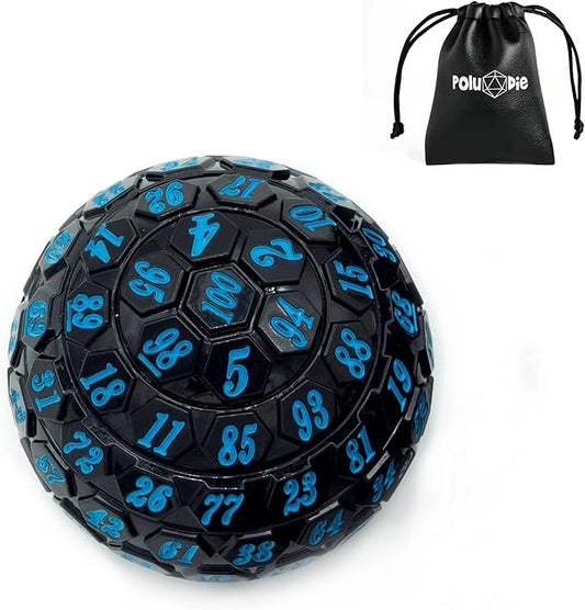 100 Sided Polyhedral Dice, Single D100 Game Dice, 100 Sided Cube with Black Pouch, D100 die 48 mm (Black with Blue Number)