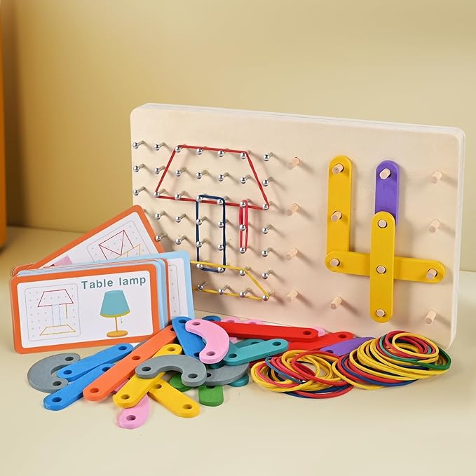 Geoboards with Rubber Bands, Wooden Letter Number Construction Puzzle Board with 20 Pattern Cards, 50 Rubber Bands to Figures and Shapes, Montessori Brain Teaser STEM Toy（9.5 * 6 * 0.6in）