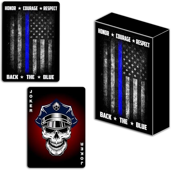 Military Gift Shop Police Officer Playing Cards & Dice in Wooden Keepsake Box - Thin Blue Line Flag - Police Officer Gifts | Police Card Set