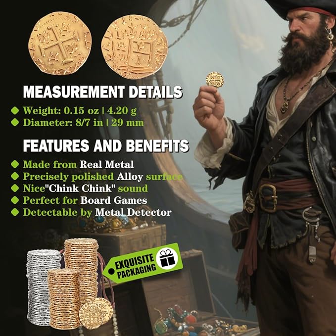 Large Metal Pirate Coins Gold Treasure Coin Set, Metal Replica Spanish Doubloons for Board Games, Tokens, Toys, Cosplay – Realistic Money Imitation for Treasure Chest - Size 1.18" (Gold 35 PCS)