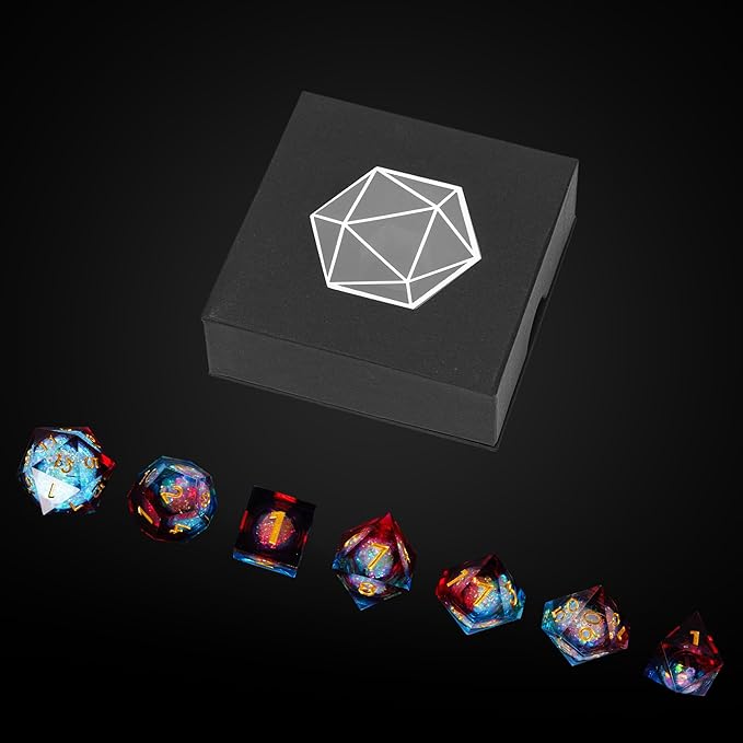 7PCS DND Dice Set,Liquid Core Sharp Edge Dice Set D&D RPG Polyhedral Die,for Dungeons and Dragons Games Roleplaying Games Pathfinder,with Gift Box(Liquid Core-Blue with Red)