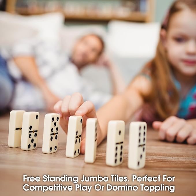CHH Black/Cream Color Double 6 Jumbo Size Domino Tiles – Premium Set of 28 Ivory Dominoes – Classic Family Game in Cardboard Box