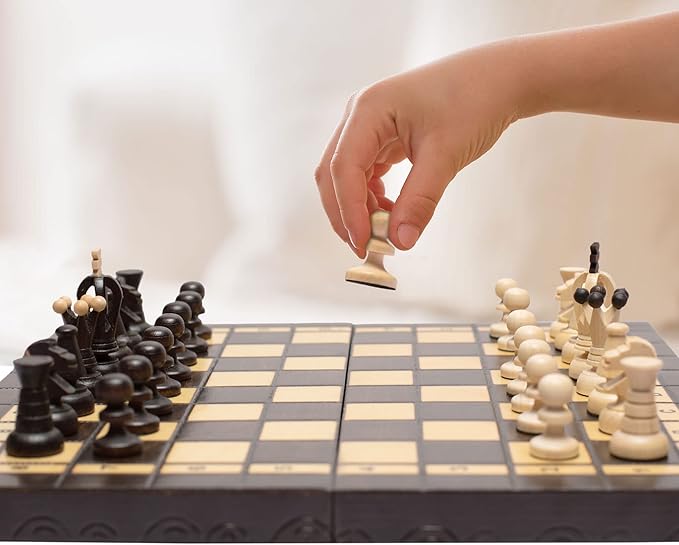 Husaria European International Chess Wooden Game Set, King's Continental - 13.8 Inches Medium Size Chess Set with Handcrafted Chessmen and Felted Folding Board