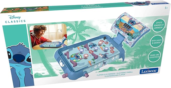 LEXIBOOK, Disney Stitch, Electronic Table Pinball, Action and Reflex Game for Children and Family, LCD Screen, Light and Sound Effects, Blue, JG610D