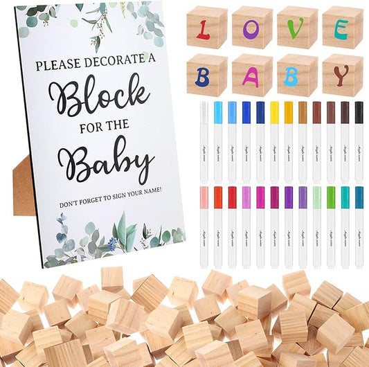 craftshou 105 Pcs Baby Shower Games Gifts Set Including Decorate a Block Game Sign 80 Blank Wooden DIY Block 24 Acrylic Paint Marker Theme Baby Shower Prize Accessories