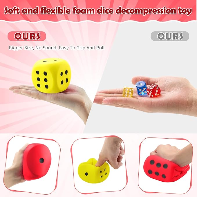 Zomiboo 2 Pcs Large Foam Dice Stress Balls Soft Jumbo 6 Sided Giant Dice Educational Learning Squeeze Anxiety Relieve Toy Gifts for Adults Kids Board Game Classroom(Red, Yellow,2.3 Inch)