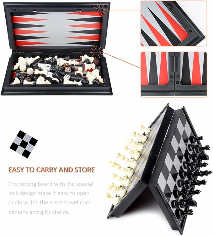 Hoshin Chess/Checkers/Backgammon 3 in 1 Set, Portable Folding Travel Magnetic Chess Board for Kids, 9.8 x 9.8 x 0.8 Inch