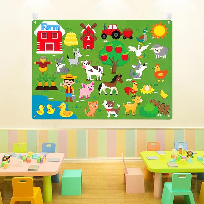 WATINC Farm Animals Felt Story Board Set 3.5Ft 38Pcs Preschool Farmhouse Themed Storytelling Flannel Barnyard Domestic Livestock Early Learning Interactive Play Kit Wall Hanging Gift for Kids