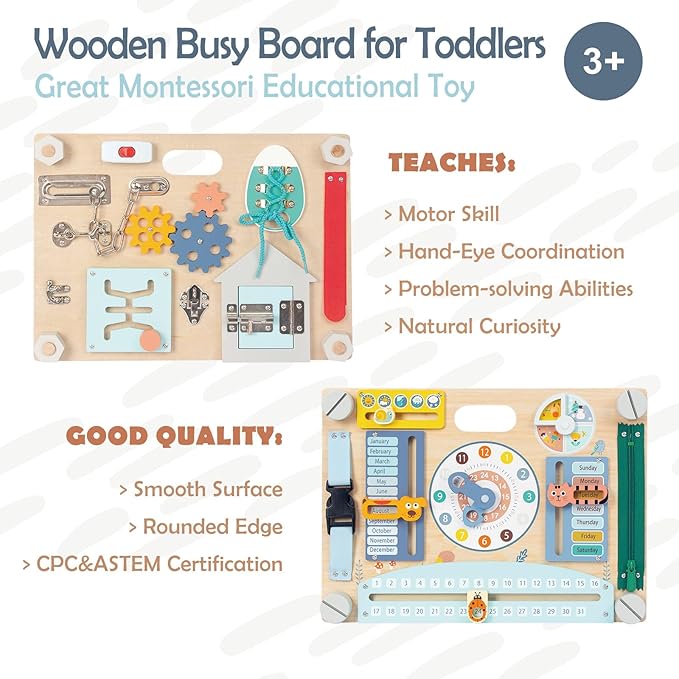 Montessori Busy Board for Toddlers 1-3, Double-Sided Wooden Sensory Toys, Preschool Learning Activities for Fine Motor Skills Travel Toy for 1 2 3 Years Old Kids Boys Girls (Style 1)