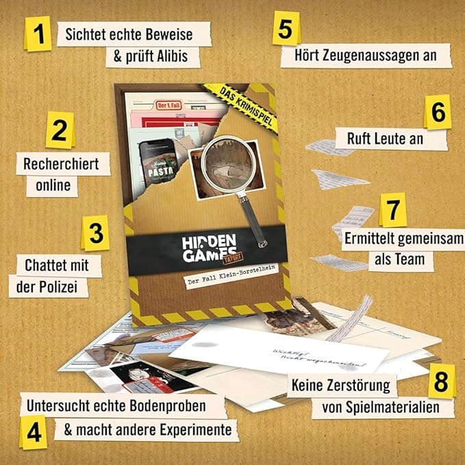 Hidden Games Crime Scene Game Case 1 - The Klein-Borstelheim Case - for 1-6 People from 14 Years, Realistic Crime Scene and Exciting Detective Game (German Edition).
