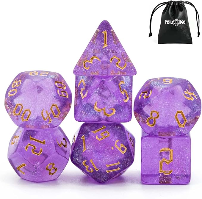 7-Die DND Dice Set Polyhedral Dice Set with a Leather Dice Bag, D&D Dice Set for Dungeons and Dragons, RPG, MTG Table Games (Purple/G)