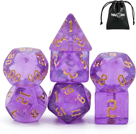 7-Die DND Dice Set Polyhedral Dice Set with a Leather Dice Bag, D&D Dice Set for Dungeons and Dragons, RPG, MTG Table Games (Purple/G)
