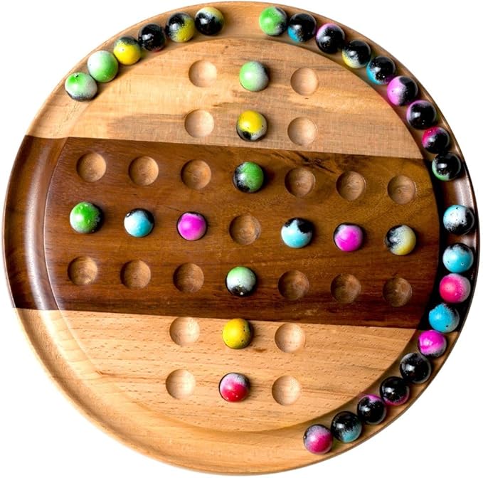 Premium 10-Inch Wooden Solitaire Board – 36 Colorful Marbles on Mixed Wood – Strategy Game for Adults & Family – Classic Solo Board Game