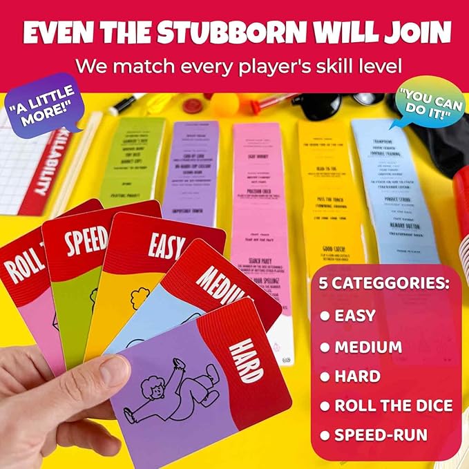 QUOKKA Family Game for Kids and Adults - 250 Unique Cards with Fun and Challenge Tasks Perfect for Game Nights, Party, TeamBuilding - Includes Reusable Props, Special Dice, Interactive Gameplay