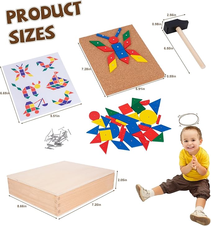 Adena Montessori Hammer and Nail Toys Wooden Pegboard Puzzle for 4-6 Year Olds
