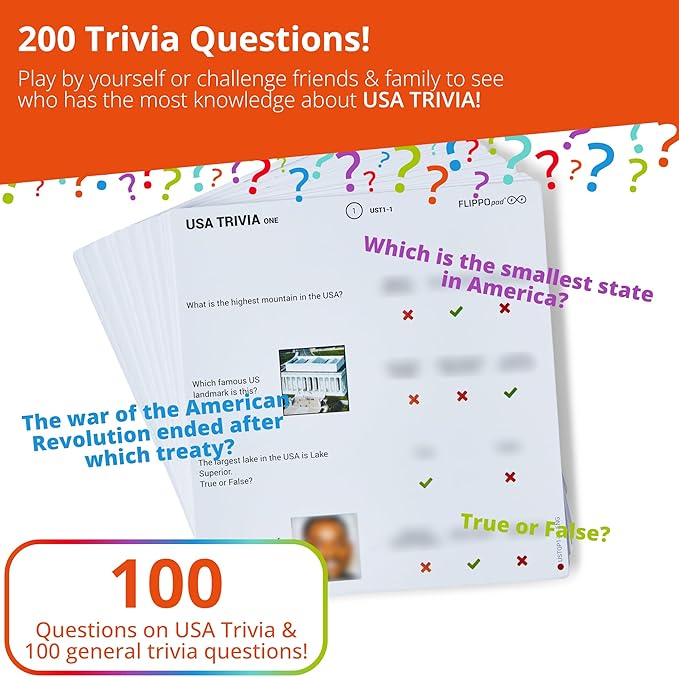 Quiz Device Game - USA Trivia Quiz Game - 25 Cards - 200 Questions - Educational & Fun - Ideal Travel Games for Kids - Family Quiz Games - Portable Pack - Age 6+