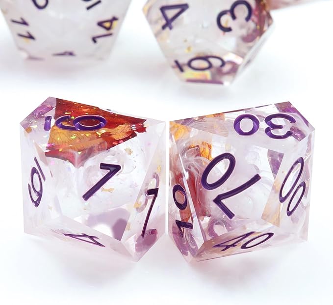 Haxtec DND Dice Set Rose Flower Sharp Edge Dice with Dice Case Handmade White Red Resin D&D Dice Set Purple Numbers for TTRPGs Dungeons and Dragons Gifts