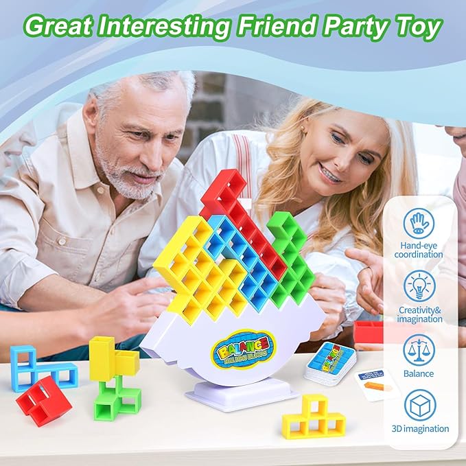 Aimery 64 Pcs Tetra-Tower Game Balance Stacking Blocks with 2 Base, Two Player Balancing Board Games for Kids & Adults, Team Building STEM Toys for Family, Parties, Travel
