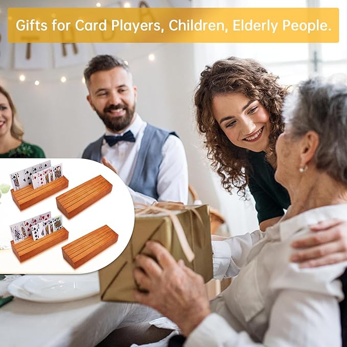 Card Deck Stand Set of 4 Playing Cards Holder for Kids Elder Wood Racks Tray for Organizing on Game Bridge Adults Canasta Uno Skipbo 5 Crowns(Orange)