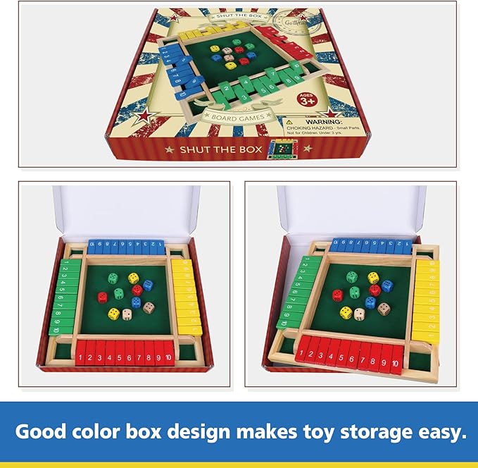 GOTHINK Shut The Box Dice Game, 2-4 Player 11.5-inch Wooden Board Table Math Game with 10 Dices - Math & Decision Skills for Adults/Kids, Perfect for Home Class Parties & Pubs - Classic Tabletop Fun