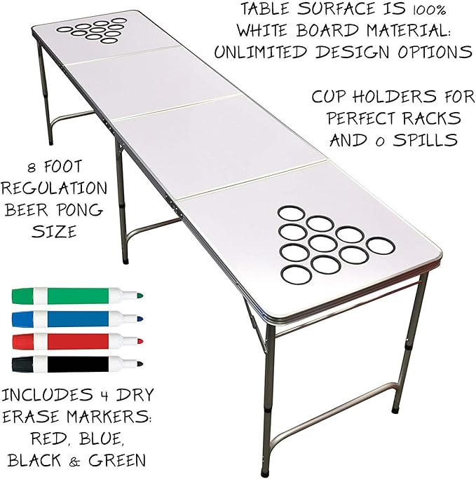 GoPong 8 Foot Portable Beer Pong / Tailgate Tables (Black, Football, American Flag, or Custom Dry Erase)