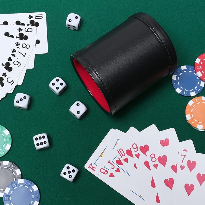 Felt Lined PU Leather Dice Cup Set with 6 Dot Dices (Black, Pack of 1)