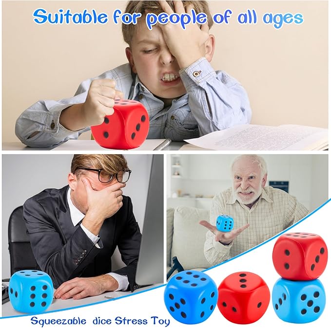 Zomiboo 2 Pcs Large Foam Dice Stress Balls Soft Jumbo 6 Sided Giant Dice Educational Learning Squeeze Anxiety Relieve Toy Gifts for Adults Kids Board Game Classroom(Red, Blue,3.93 Inch)