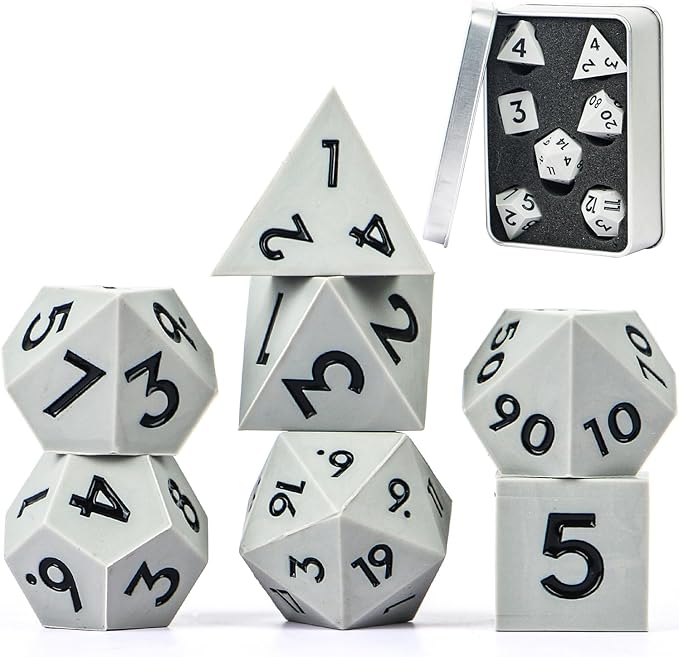 DND Dice Set Sharp Edge Dice Set 7 Piece DND polyhedral Dice Numbers with Gold Leaf Exquisite Tin Box Packaging,Ideal for Dungeons & Dragons RPG and Board Games (Gray Black)