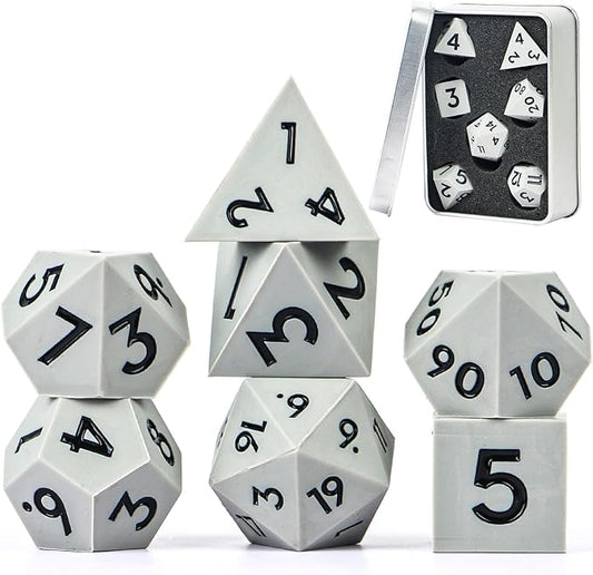 DND Dice Set Sharp Edge Dice Set 7 Piece DND polyhedral Dice Numbers with Gold Leaf Exquisite Tin Box Packaging,Ideal for Dungeons & Dragons RPG and Board Games (Gray Black)