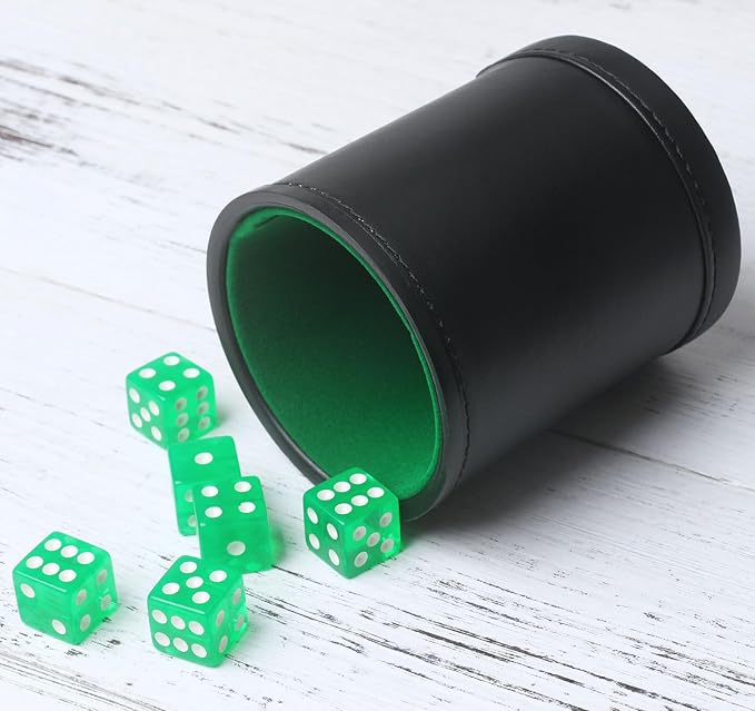 Faux Leather Dice Cup Set, Soft Velvet Interior Dice Cup Shaker Quiet with 6 Green Translucent Dice for Liars Dice/Farkle/Yahtzee Games, 1 Pack