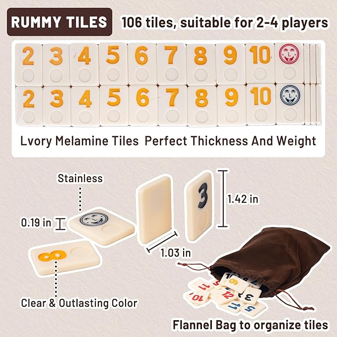 2-4 Player Rummy Cube Game Set, with 4 Wooden Racks/Trays, 106 Large Tiles Rummy Cube Game Set with Canvas Bag, Rummy Tiles Travel Set with 4 Tiles Holders for Classic and Funny Party Games,for Adults