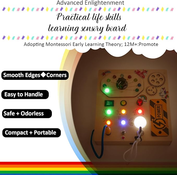 JAMIEWIN Montessori Busy Board with LED Light Switch for Toddlers 1-3, Wooden Sensory Board Travel Toys for Toddlers Baby, Montessori Toys Christmas Birthday Gifts for Boys Girls 1 + Year Old