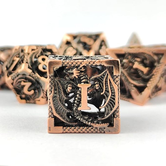 Hollow Dragon Metal Dice,Unique Dungeons and Dragons Polyhedral Dice Set for D&D TRPG,MTG,Pathfinder,Table Board Roll Playing Games D4 D6 D8 D10 D% D12 D20 (Copper)