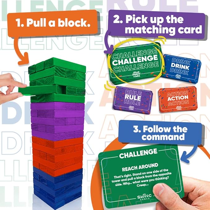 SWOOC Games - Ultimate Party Tower™ - 100 Original Commands, 60 Blocks, & 1000s of Hilarious Rule Combinations - A Tipsy Spin on Fun Classic Games for Power Hour - Ages 21+ - Wooden Tower Blocks Game