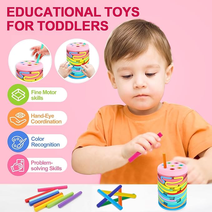 Sensory Activity Board Montessori Toys for 2-3 Year Old Kids,Learning Color Sorting Silicone Toys for Stress Relief,Calming,Focus,ADHD,Autism,18 Month Baby Boys Girls Gifts with 24 Strings