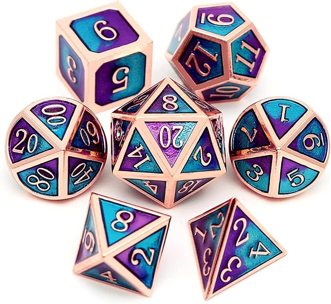 Haxtec Metal DND Dice Set D&D Gifts 7PCS Copper Blue Teal Purple Polyhedral RPG Dice D20 D12 D10 D8 D6 D4 for Dungeons and Dragons TTRPG Games-Mermaid
