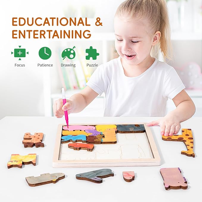 WODI Wooden Animal Puzzle Matching Game Montessori Toys for 3+ Year Old Puzzle for Toddlers Paint Your Own Animal Blocks with 12 Colored Pens Open Ended Toys Gifts for Kids