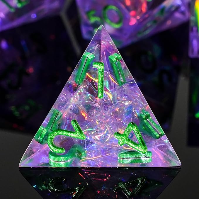 DND Dice Set Sharp Edged Dice Set of 7 DND Faceted Dice Golden Numbers and Beautiful Iron Box Perfect for Dungeons & Dragons RPG and Board Game(Purple Green)