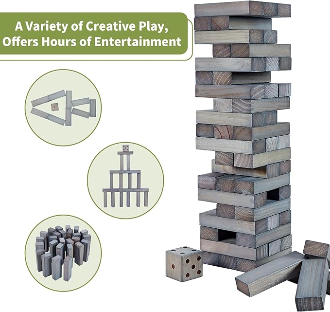 ApudArmis Giant Tumble Tower (Stack from 2Ft to Over 4.2Ft), 54 PCS Pine Wooden Stacking Timber Game with 1 Dice Set - Classic Block Giant Outdoor Game for Teens Adults Family (Gray)