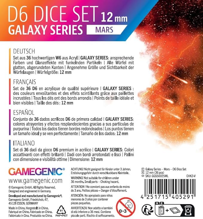 Galaxy Series Mars D6 Dice Set Set of 36 Six-Sided Dice Premium Quality Resin Dice for Dice Games, Board Games and Card Games Cosmic Glittering Design Red and Blue Color Made by Gamegenic